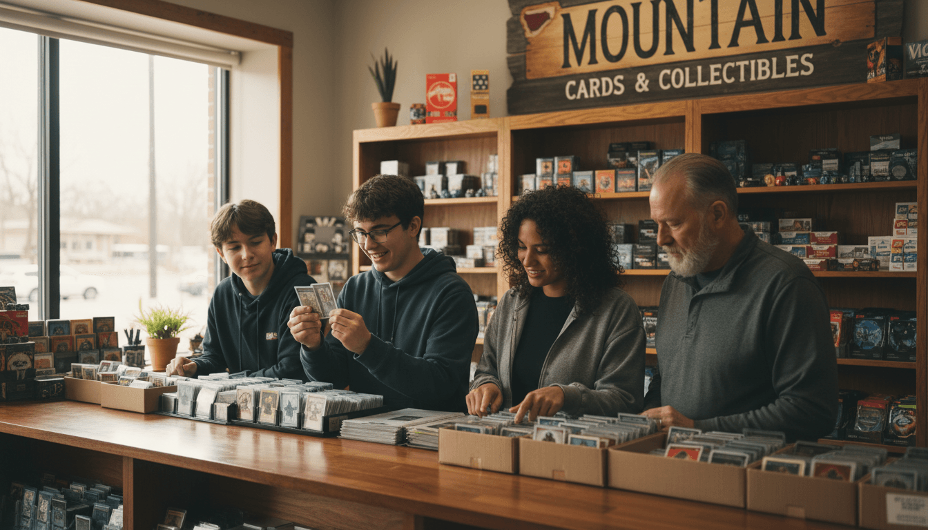 Customers browsing trading cards at a friendly local card shop counter in Morgantown