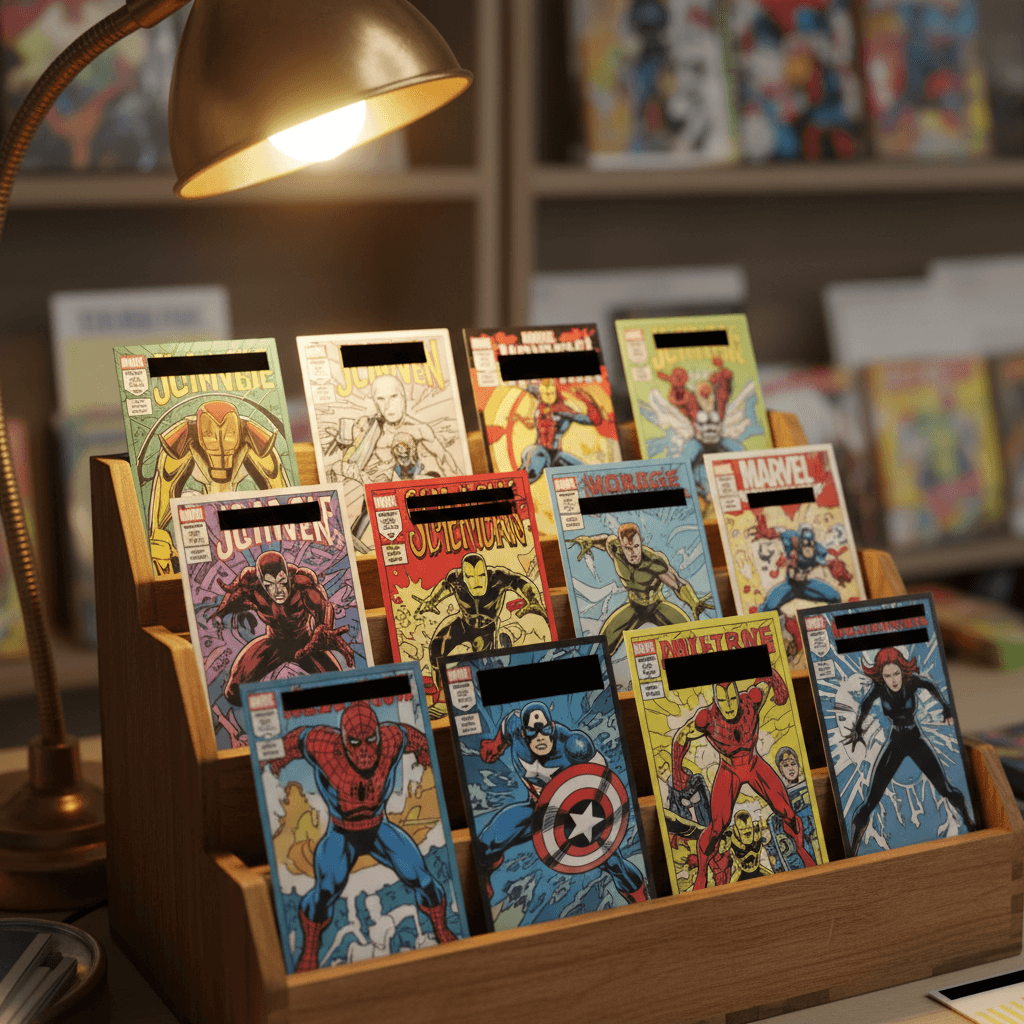 Marvel trading cards displayed upright in a shelf organizer
