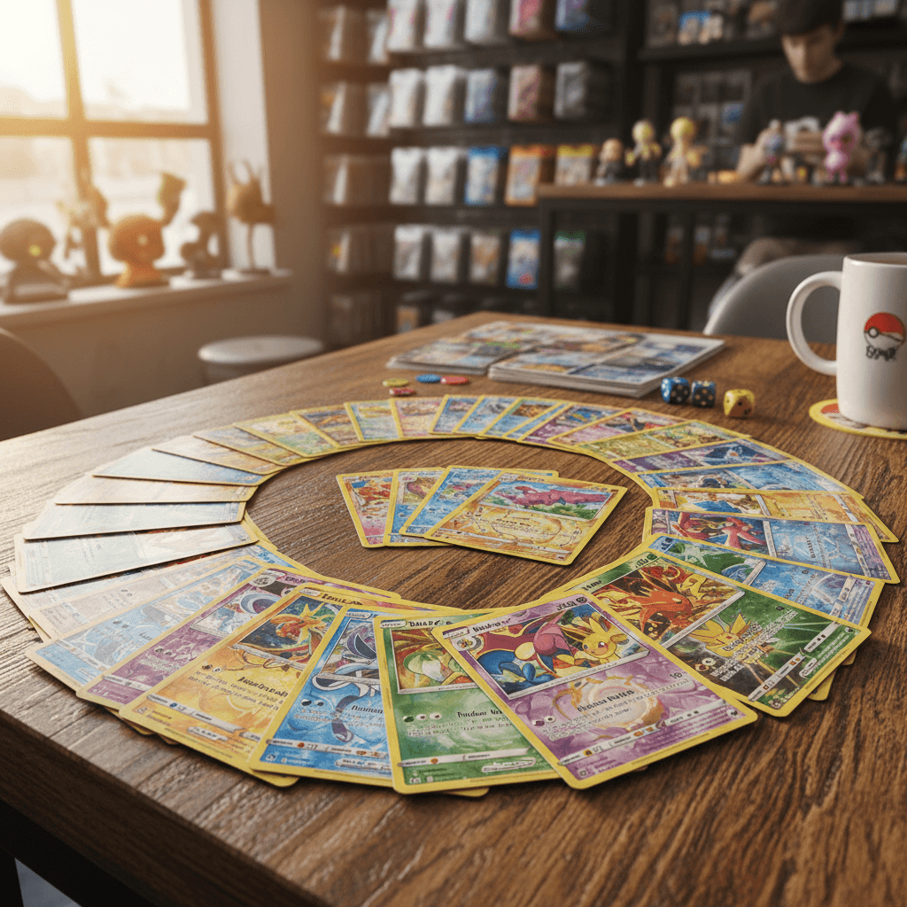 Colorful Pokemon cards fanned out on a wooden shop table