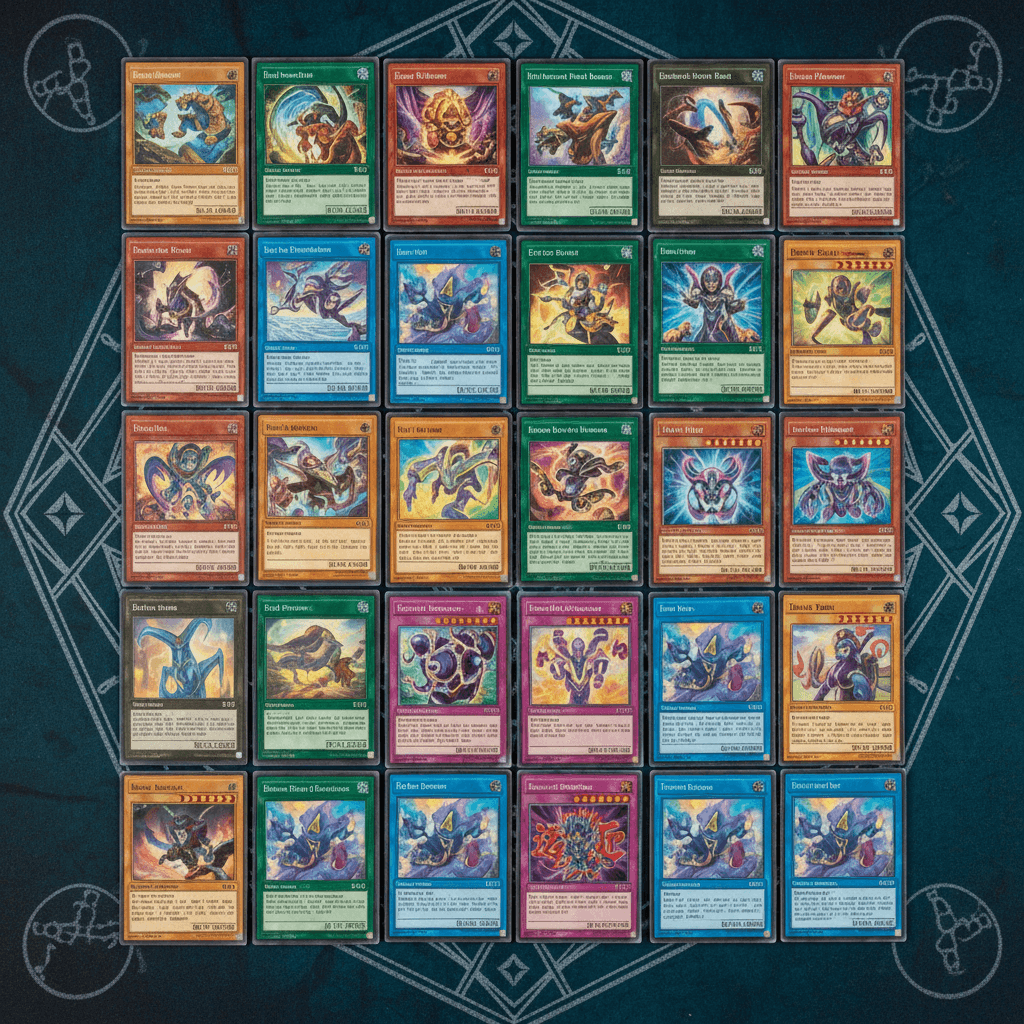 Magic and YuGiOh cards arranged on a playmat