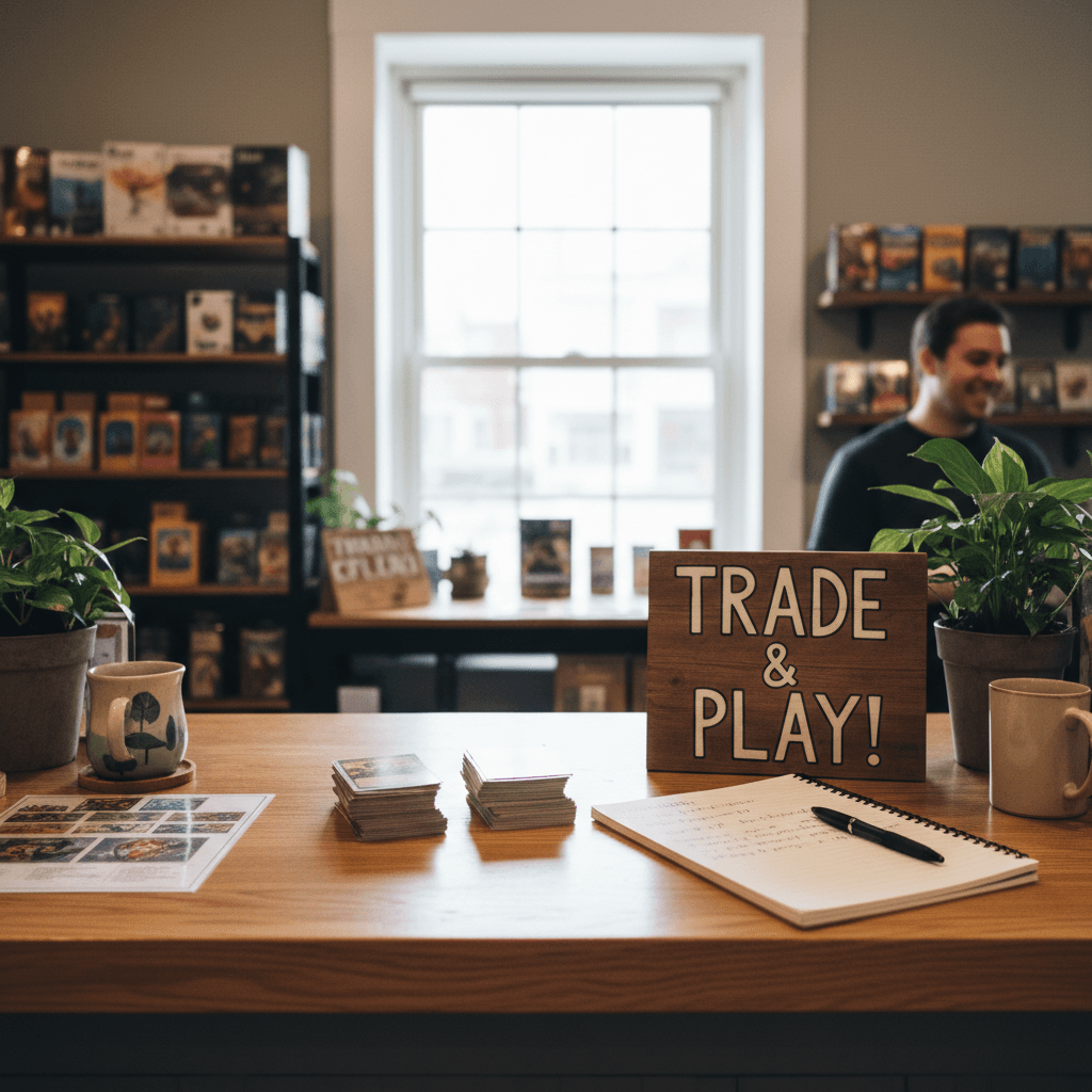 Inviting card shop counter with traded cards and a notebook