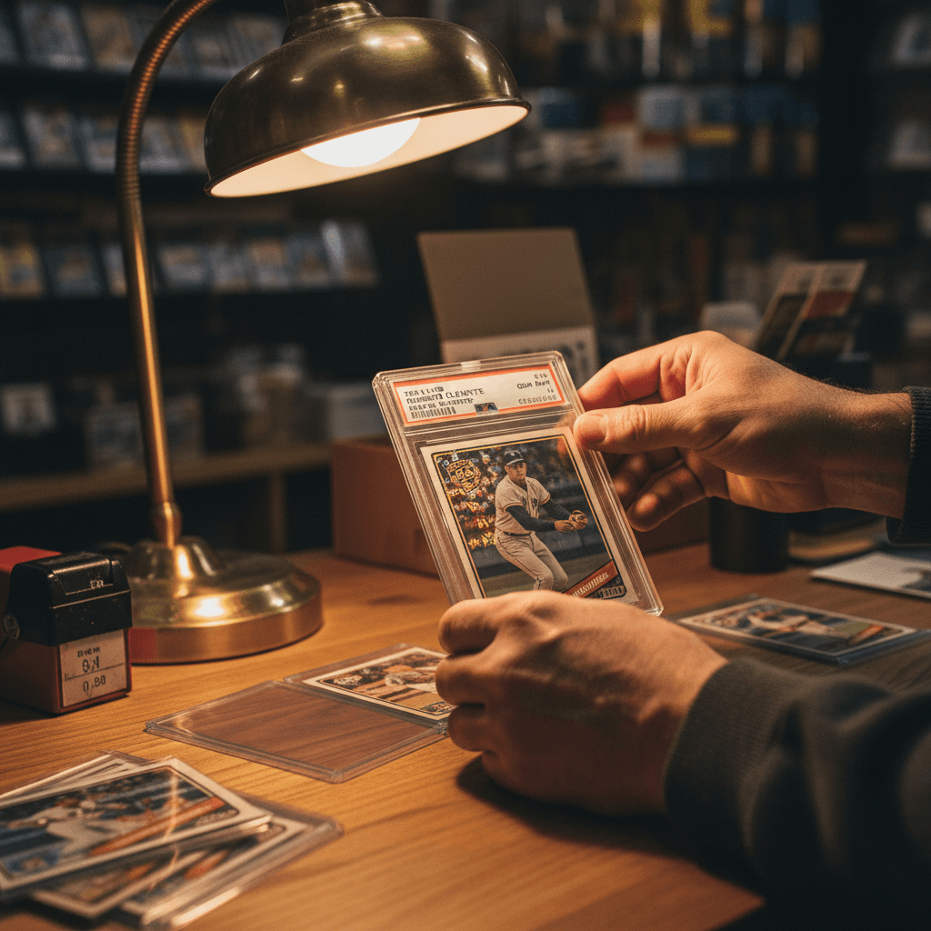 Hand carefully placing a sports card into a protective sleeve