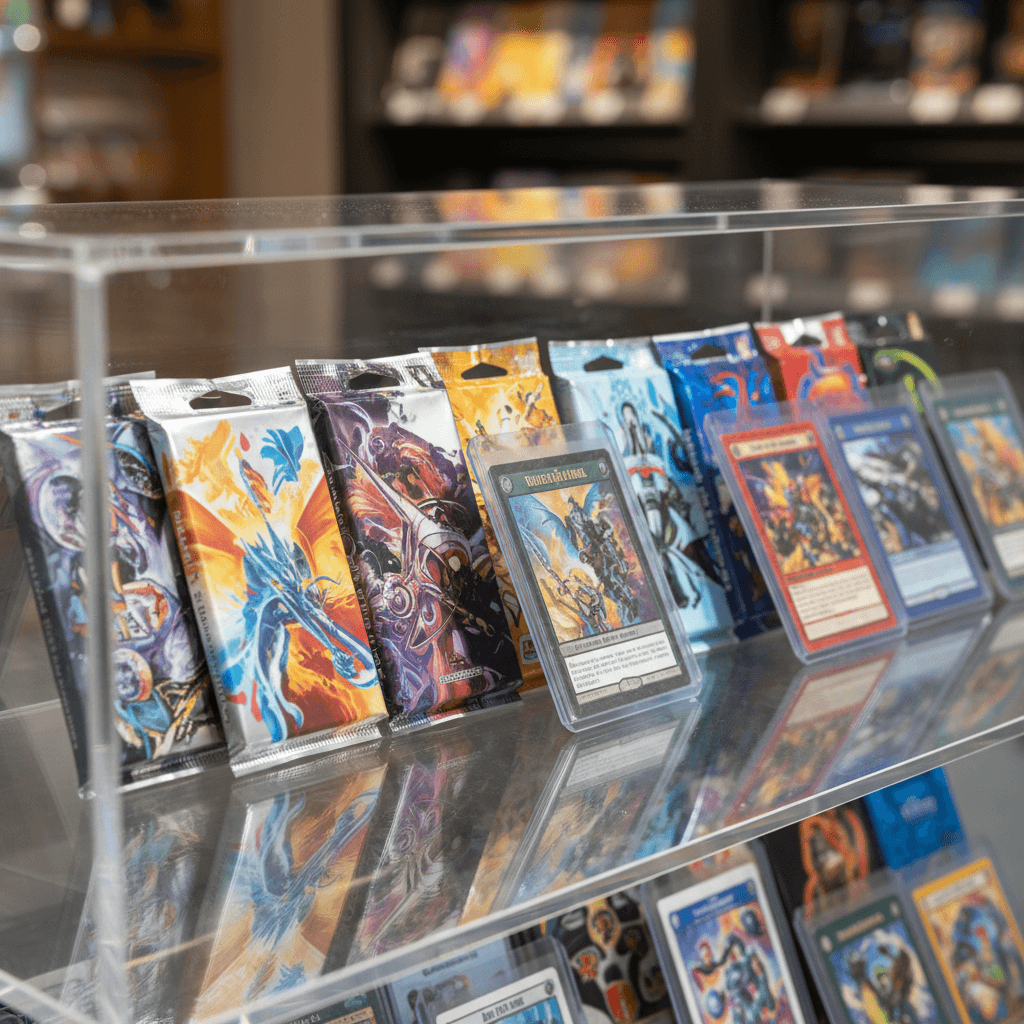 Booster packs and single cards displayed in a clean retail case