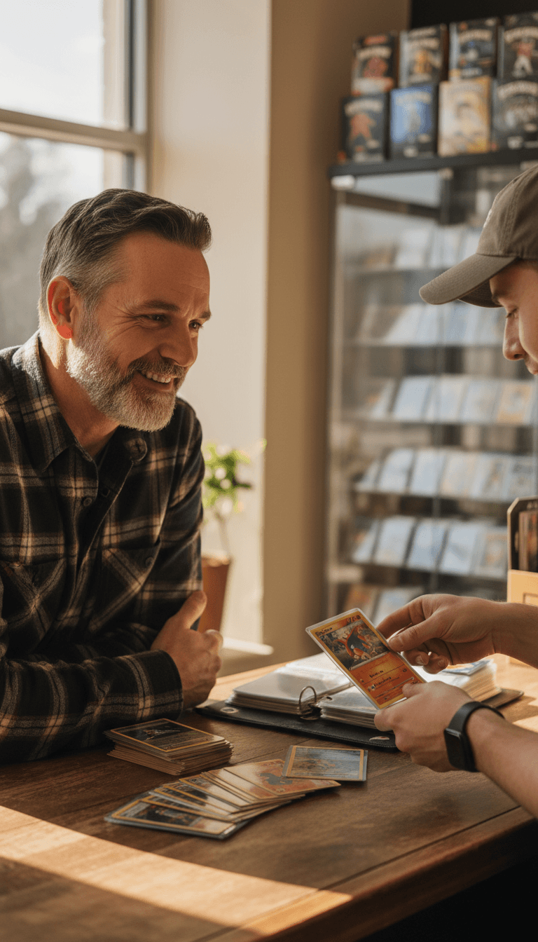 Customer and shop owner reviewing trading cards together at the counter