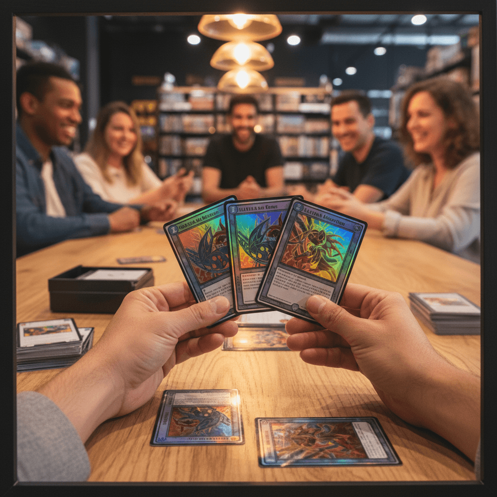 Two people trading cards across a table in a local card shop