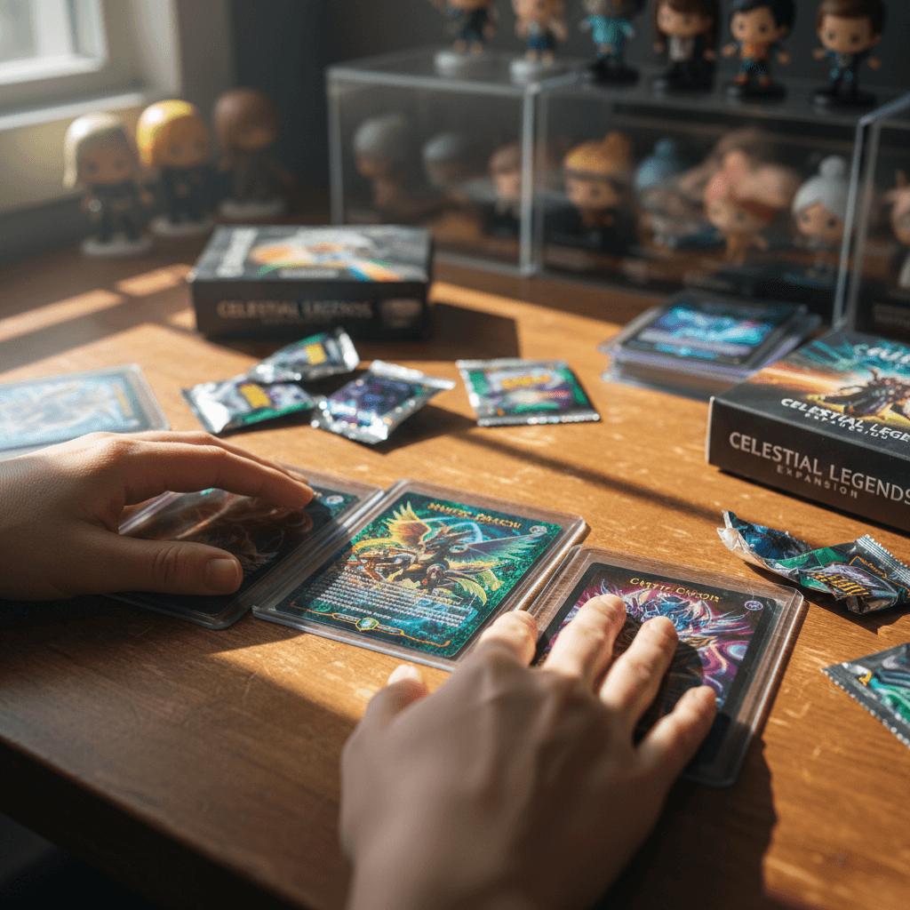 Flat-lay of various trading cards from different franchises on a wooden table