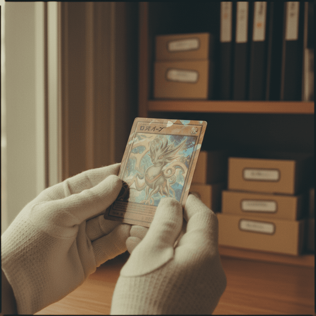 Hands sorting through a spread of trading cards on a wooden table in a cozy card shop
