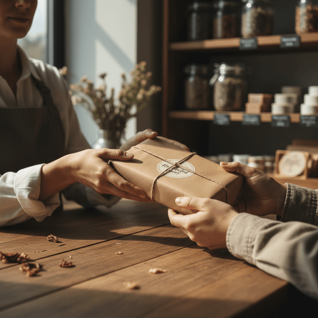 Customer and shop owner looking at a card together