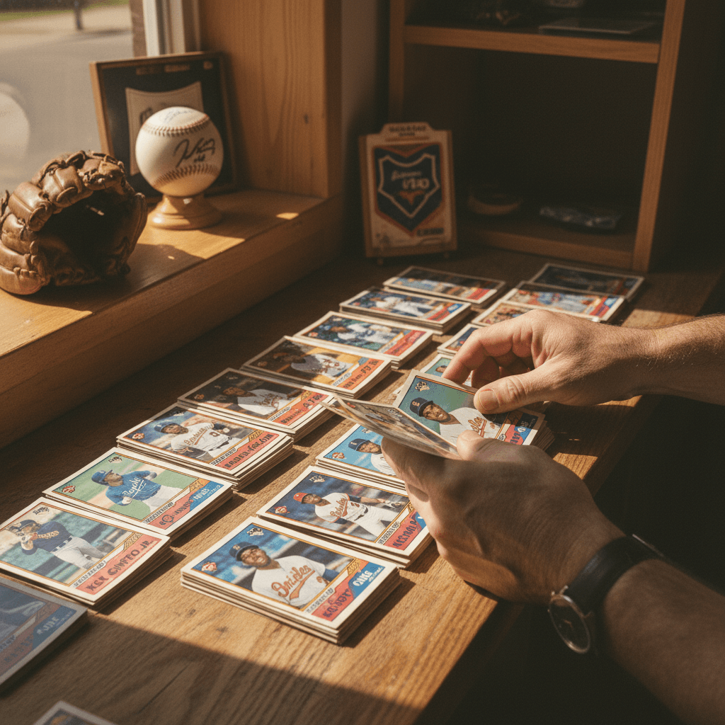 Hands sorting through a stack of trading cards on a wooden counter