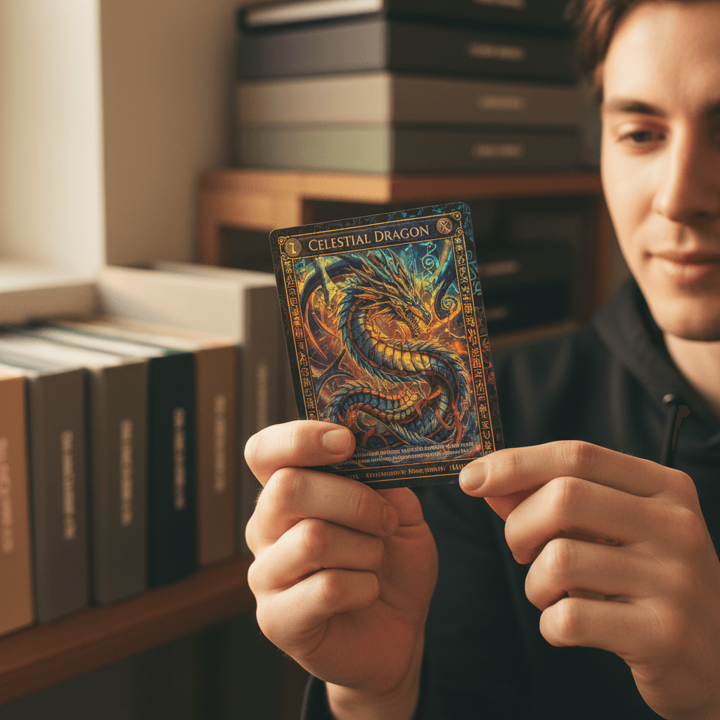 Hands holding trading cards for examination
